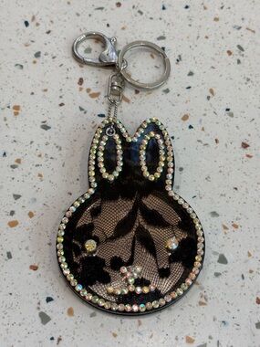 Y2K Rhinestone Bunny Rabbit Compact Mirror Keychain Black‎ Lace Glam